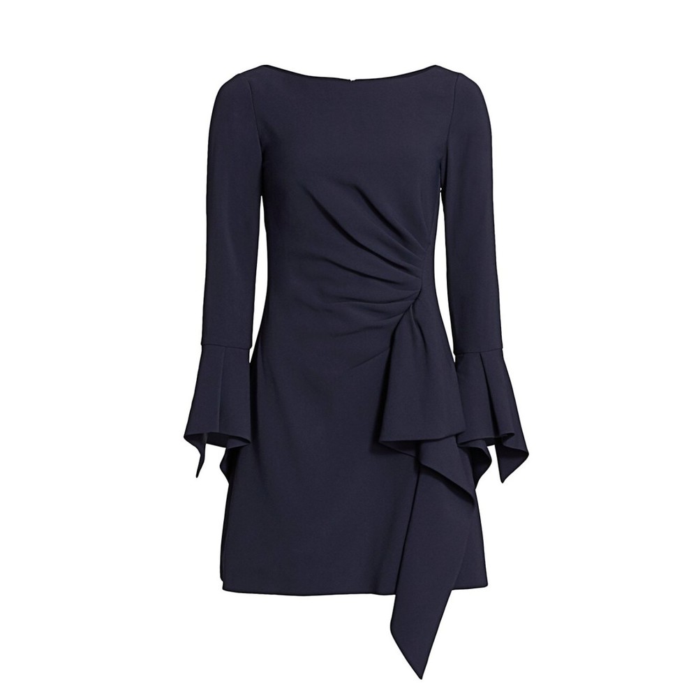 Jonathan Simkhai Crepe Ruffle Dress 4 Midnight Blue Boatneck Bell Sleeves $595 - Picture 7 of 7